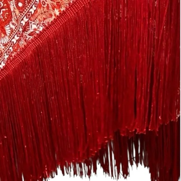 Ember Boho Fringe Kimono Cardigan Red Paisley Bandana Print Open Front Oversized - Picture 9 of 13